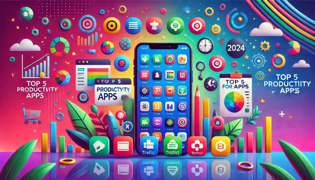 Smartphone with colorful app icons for productivity, featuring Notion, Todoist, Trello, and more.