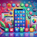 Smartphone with colorful app icons for productivity, featuring Notion, Todoist, Trello, and more.
